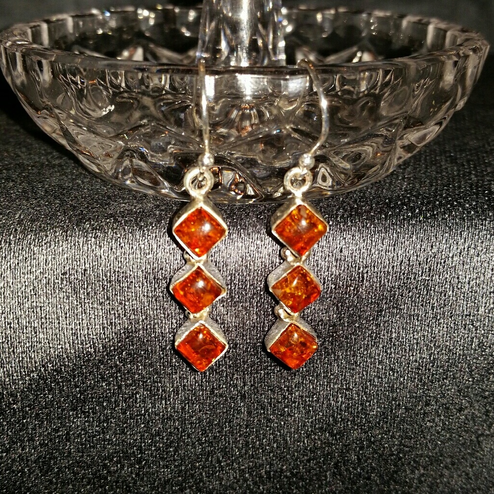 925 Silver Amber Trio Hook Earrings